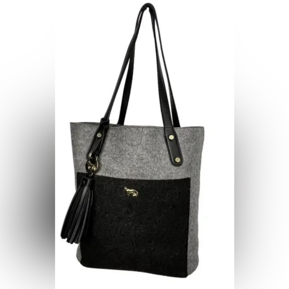 Emma Fox Gray & Black Felt Tote Shoulder Bag Purse Handbag Pockets